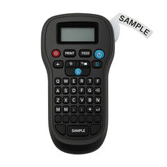 Obraz premium Photo of a black handheld electronic label maker with a qwerty keyboard and a small lcd screen, printing a label that says sample, isolated on transparent background