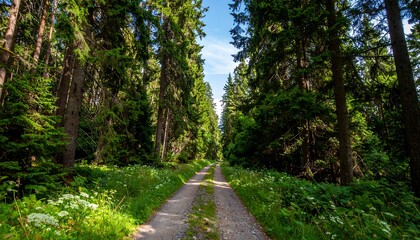 Fototapeta premium Forest path, sunlight, lush green trees