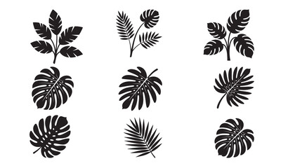 Black and white vector illustration of a set of leaves silhouettes and floral ornaments in a seamless nature pattern design