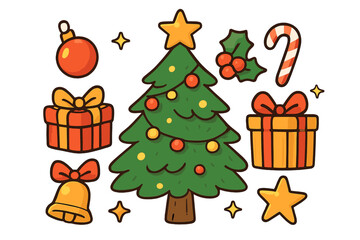 Vector Christmas icon set. Cute cartoon holiday symbols with festive tree, gifts, presents, bell, star, and holly. Seasonal winter celebration design elements collection.