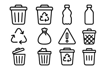 Trash and recycling line icon set. Waste management and garbage disposal vector symbols. Includes rubbish bin, can, container, plastic bottle and environmental ecology signs.