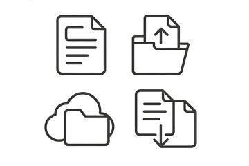 File management outline icon set. Vector linear symbols for digital document organization. Icons for upload, download, cloud storage and data transfer. Web app interface elements.