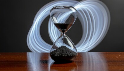 Long-exposure light trails swirling around hourglass