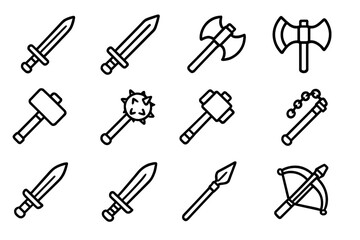 Obraz premium Medieval weapons line icon set. Swords, axes, hammers, maces, flails, spear, crossbow. Black outline vector illustration. Cartoon style battle weapons, transparent background. Armory collection.