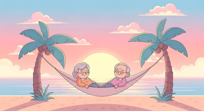 Relaxing Grandparents in Hammock – Dreamy Cartoon Background Illustration
