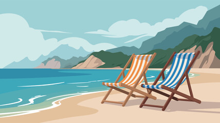  Scenic beach with striped deck chairs on sandy shore, turquoise sea, and lush mountains under partly cloudy sky — tranquil vacation vibe