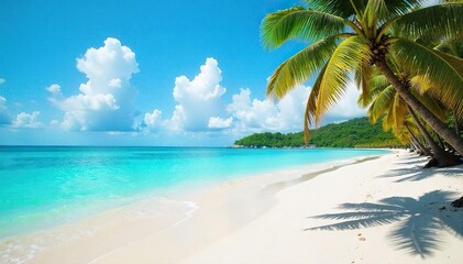 Obraz premium Relaxing beach scene with turquoise water lapping gently on white sand, palm trees swaying in the breeze, sunny day, perfect for a tropical getaway , vibrant, exotic, vacation