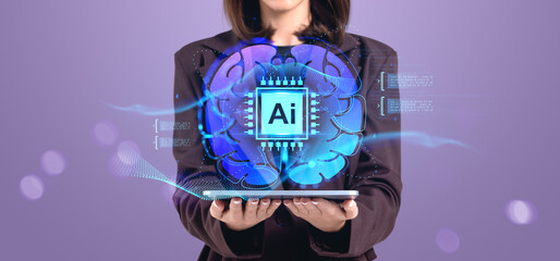 Woman holding tablet displaying AI brain hologram on purple back