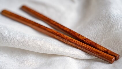Two richly-grained, dark reddish-brown wooden chopsticks rest on a softly-crumpled white fabric