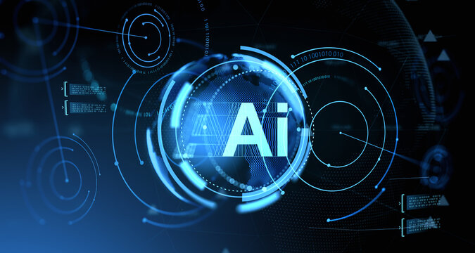 Futuristic AI concept with digital globe and interface elements in glowing blue tones on dark background representing artificial intelligence systems. 3D Rendering