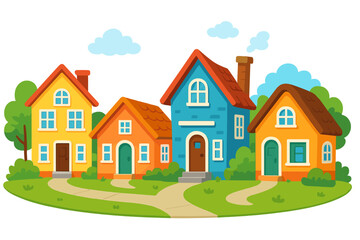 Colorful cartoon houses on a cheerful street. Vector illustration of a suburban neighborhood. Concept for real estate, property, home ownership, and community living. Row of cute buildings.