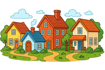 Various styles of houses in a colorful and cheerful neighborhood. Vector cartoon illustration of a cozy village street. Concept for real estate, property, community, and suburban life.
