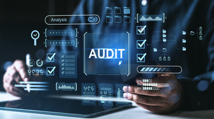 Digital audit analysis interface with data and checklists on dark background.