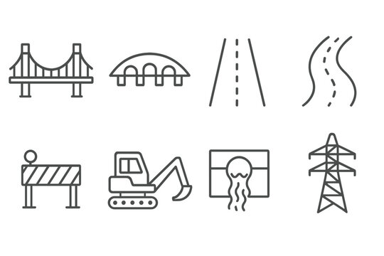 Infrastructure construction line icon set. Civil engineering, urban development and public works icons. Bridge, road, highway, excavator, power pylon, sewer, and barrier.