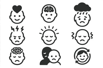 Mental health icons. Psychology and emotion signs. Bipolar disorder, depression, anxiety, stress, anger, calm, love, confusion. Therapy and mental well-being vector concept.