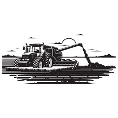 Agricultural Combine Harvester Working in a Rural Field at Sunset