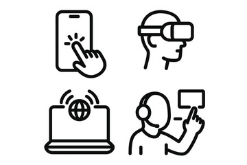 Modern technology icons representing digital interaction, virtual reality experiences, internet connectivity, and customer support in minimalist vector cartoon style with transparent background