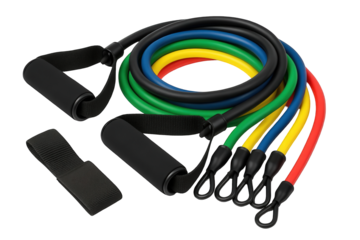 Photo of a set of resistance bands with handles and a door anchor for fitness and exercise, isolated on transparent background