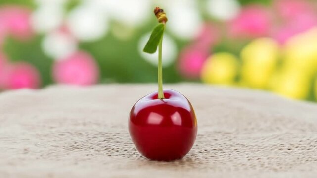 A single vibrant red cherry with a green stem and leaf stands upright on a sandy surface, with a soft, colorful floral background.