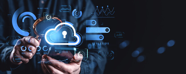 Cloud data security and networking interface concept with digital graphs overlay.