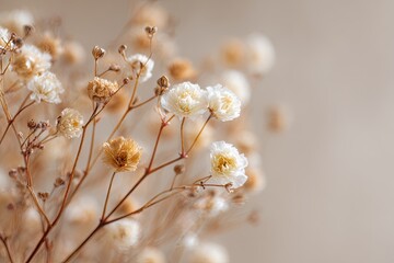 Close-up of delicate, dried cream-colored flowers on light beige background