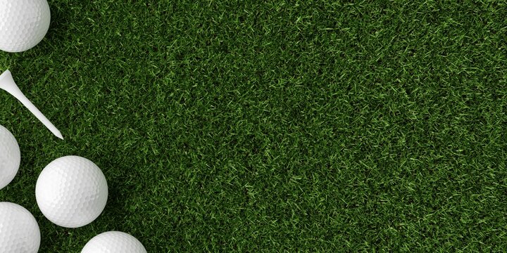 White golf balls with tee over green grass background with copy space top view flatl lay from above