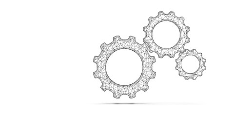 Group of three black low-poly wireframe gears or cogwheels floating on white background with copy space, technolgy, engineering or business background concept