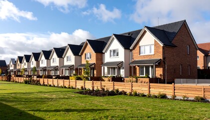 Obraz premium Modern Row Houses New Homes in Subdivision with Green Lawn and Blue Sky.