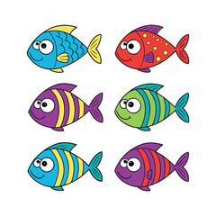 Naklejka premium Six colorful cartoon fish characters swimming together cute aquatic animals childrens book style