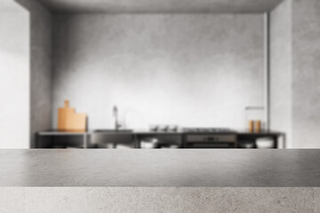 Fototapeta na wymiar Minimalist concrete kitchen interior with blurred modern appliances and countertop in foreground, stylish home design concept scene. 3D Rendering