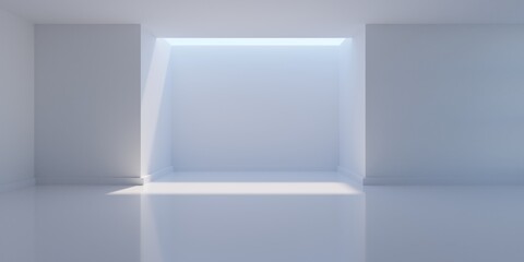 Fototapeta premium Empty blank white room background with light from opening above niche in back wall, modern interior template