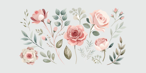 Delicate pink and peach floral collage with subtle sketchy foliage on a light gray backdrop