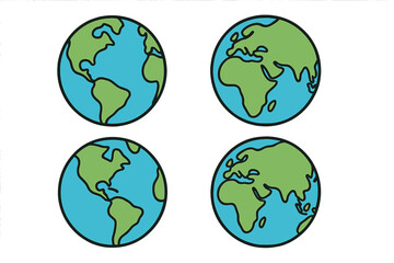 Minimalist Vector Cartoon Earth Globes with Land and Water Features, Four Artistic Representations of Earth, Transparent Background, Environmental and Geographic Design Elements for Global Concept