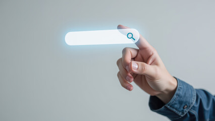 Person interacts with glowing search bar, symbolizing digital exploration and technology. hand is poised to initiate search, reflecting curiosity