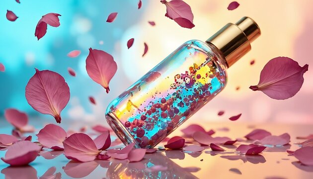 Luxury perfume elixir with floating rose petals
