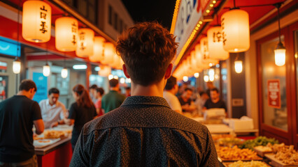 Exploring vibrant night market filled with food stalls and glowing lanterns, person stands in awe of lively atmosphere