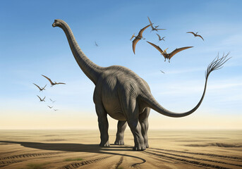 Obraz premium Majestic brachiosaurus in prehistoric desert landscape with flying pterosaurs under clear blue sky