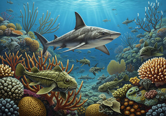 Fototapeta premium Vibrant marine ecosystem with sharks and diverse coral in sunlit underwater scene