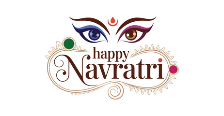 Navratri greeting illustration with stylized goddess eyes, decorative swirls, and festive message on clean background with green and pink accents 