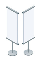 Isometric presentation stands with white panels and T-shaped metal bases. Display equipment for exhibitions and trade shows. Professional marketing booth elements for events. Vector illustration