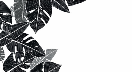 Black and white tropical leaves frame background suitable for posters, invitations, business cards, and modern decoration