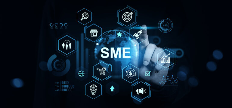 SME digital transformation icons with business technology overlay on dark background.