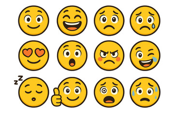 Fototapeta premium Colorful vector emoticons showing diverse facial expressions and emotions for digital communication, social media, messaging apps, and cartoon illustration with transparency