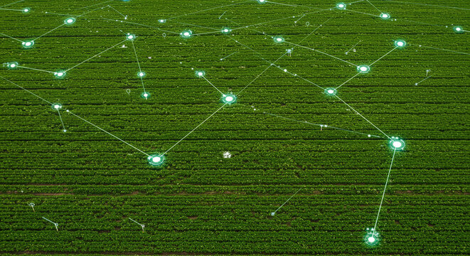 Abstract network of glowing green lights and lines superimposed over a textured green background representing data flow and connectivity