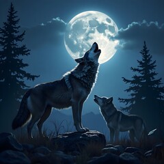 Wolf Pack Howling Under Moon, howling at night