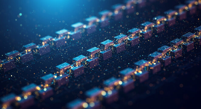 Abstract digital representation of a dna double helix structure with glowing particles and a dark blue background