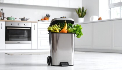 Overfilled Trash Can with Fresh Fruits  Vegetables in Modern Kitchen Food Waste.