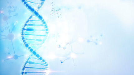 The image shows a blue background with a DNA double helix in the center