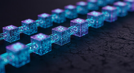 Abstract glowing blue digital cubes linked together in a chain representing blockchain technology and decentralized networks