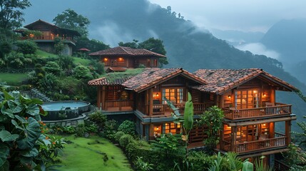 Fototapeta premium Picturesque wooden houses on a green hillside with a mountain backdrop on a cloudy day